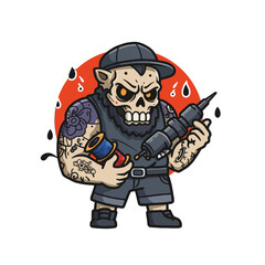 Fototapeta premium Skull Character With Tattoo Gun and Artistic Details in Black Outfit