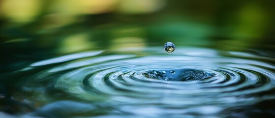 A lone drop poised above a ripple on a tranquil water surface, evoking serenity and nature&rsquo;s delicate balance.