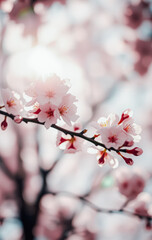 Obraz premium Close-up of beautiful cherry blossoms in full bloom, bathed in soft sunlight