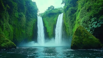 Majestic Waterfall Flowing Through Lush Green Jungle Landscape