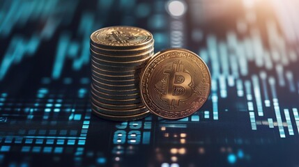 Double exposure image of bitcoin coin stacks with technology background for financial concepts and investment