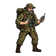 Outdoor Adventurer Holding Walkie Talkie and Binoculars Ready for Exploration