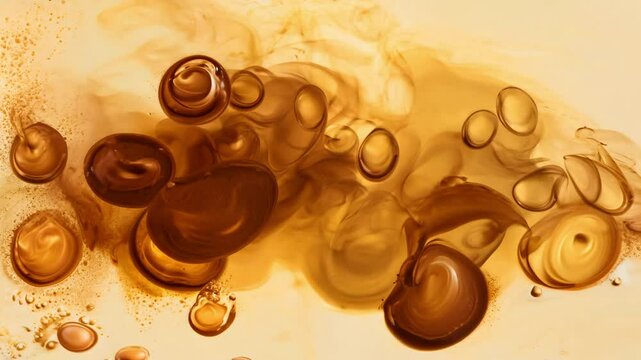 Abstract close-up of milk swirling into coffee, creating beautiful brown and white fluid patterns with rich textures and dynamic movement.
