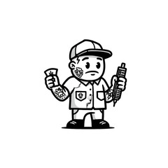Cartoon Character Holding Tattoo Gun and Money in Creative Drawing Style