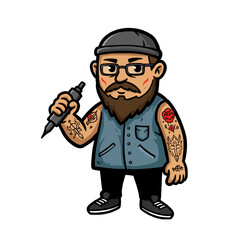 Cartoon Illustration of a Bearded Tattoo Artist Holding a Tattoo Gun