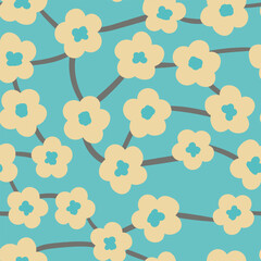Seamless floral pattern based on traditional folk art ornaments. Colorful flowers on color background. Scandinavian style. Sweden nordic style. Vector illustration. Simple minimalistic pattern.