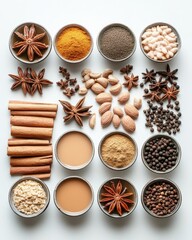 Colorful Arrangement of Various Whole Spices and Ground Spices on a White Background
