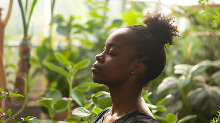 Balance, breathing and young woman by plants for zen meditation in a greenery nursery, Breathe, gratitude and young African female person with a relaxing peace mindset by an indoor greenhouse garden