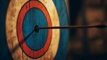 Close-up of an arrow embedded in the center of a target with blue, red, and white rings, symbolizing focus, accuracy, and precision in archery or goal setting.