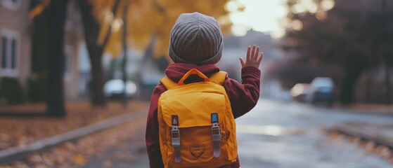 A child in a red coat waves with excitement, their yellow backpack standing out amidst the autumnal scenery of a suburban street.