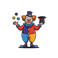 Colorful Clown Juggling Balls and Holding a Hat in Cartoon Style