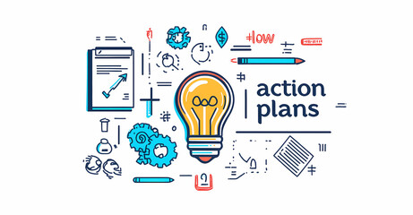 Action Plans Illustration: A vibrant illustration showcases action plans concept. with a light bulb, gears, charts and related elements. 