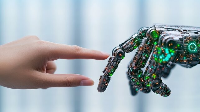 Human finger touching robotic finger symbolizing connection between technology and humanity