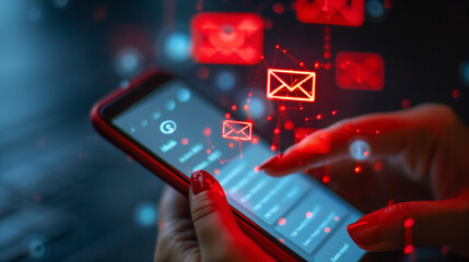 SMS spam, fake text message phishing from scammer concept, System hacked red warning alert, email hack, scam malware spreading virus on message alert virtual on mobile phone screen in person hand
