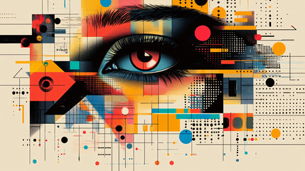 Eye-catching poster with a grid of colorful squares, each containing futuristic icons, typography, or artistic designs