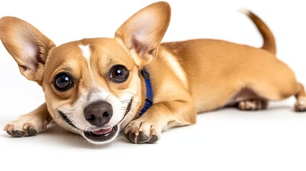 Obraz premium Playful Chihuahua Dog with a Happy Expression Lying on a White Background