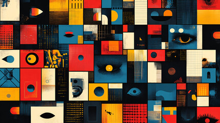 Eye-catching poster with a grid of colorful squares, each containing futuristic icons, typography, or artistic designs