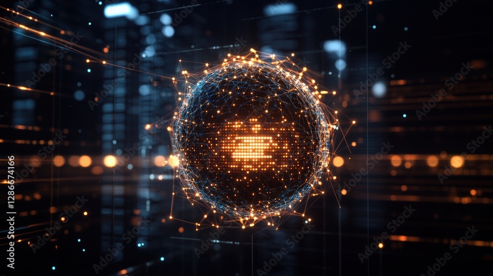 Wall mural sphere with glowing light and generative ai global media links in a night setting with stars