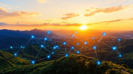 Sunset view of a city skyline with connected lines representing global business and digital connectivity