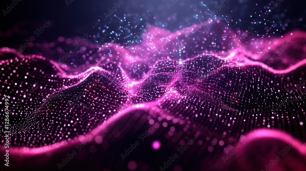 Wall mural abstract background with glowing lights stars and grid surface for science technology and digital de