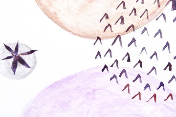 Abstract watercolor geometric shapes with arrows and starburst on textured paper.