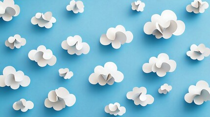 A playful blue background adorned with whimsical paper clouds, perfect for childrena??s designs or creative sky-themed projects."