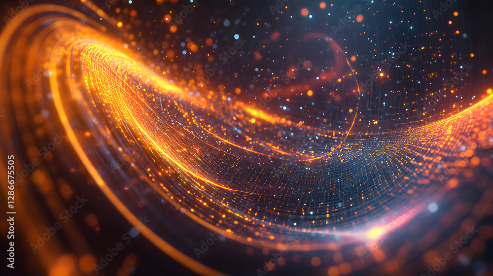 Poster computer screen displaying glowing orange and blue abstract pattern with digital elements and concep