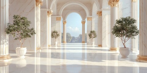 Naklejka premium Majestic marble hallway with elegant columns and lush greenery, bathed in natural light and scenic views