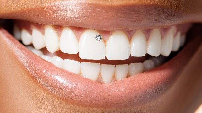 Woman smiling with diamond decoration on teeth showing a unique dental accessory and bright white smile