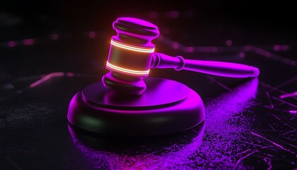 A digital gavel glowing in neon purple on a dark surface.