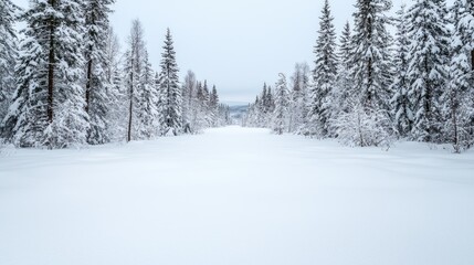 Snowy forest path, winter landscape, tranquil scene, nature background, ideal for travel brochures