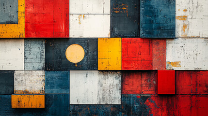 Modern abstract poster with overlapping squares, each showcasing different colors, textures, and minimalist symbols