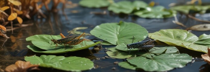 Water hyacinth leaf with multiple Shirakiacris shirakii grasshoppers resting on its surface in autumn, nature photography, macro photography