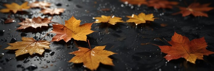 Water drops and autumn leaves together on dark background, water droplets, autumn leaves