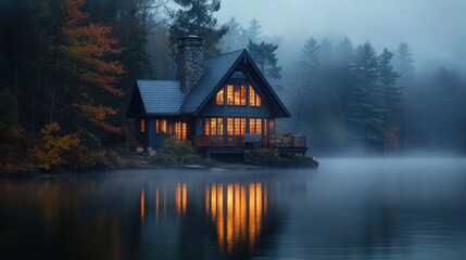 Fototapeta premium Cozy Cabin Home Reflected on Misty Lake Waters at Twilight