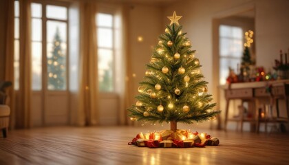 Warm and inviting Christmas tree in golden light against soft focus background, soft focus, winter wonderland, festive decor, holiday season