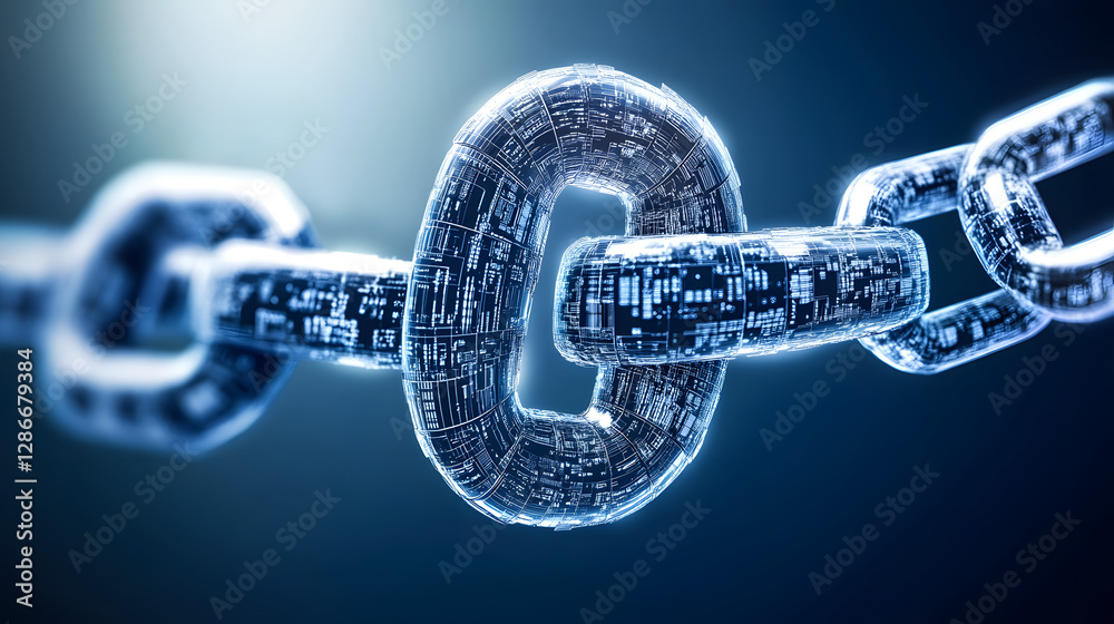 Poster conceptual image of a chain link with a single link highlighted in the center representing connectio