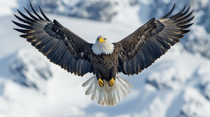 A bald eagle soars, wings spread wide against a snowy mountain backdrop