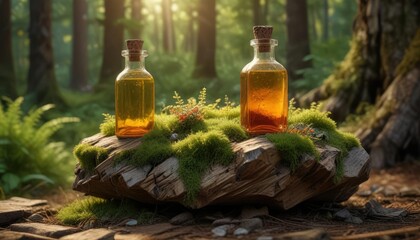 Vintage-inspired amber bottle filled with sparkling crystals and placed on a moss-covered wooden stump in the forest, crystals, rustic, bottle