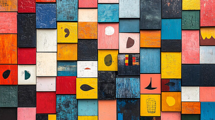 Modern poster featuring colorful squares arranged dynamically, each holding a unique illustration, icon, or texture