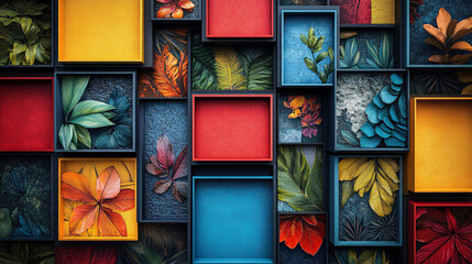 Modern poster featuring colorful squares arranged dynamically, each holding a unique illustration, icon, or texture