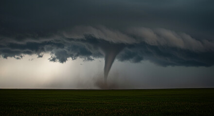 Powerful tornado forming over open farmland