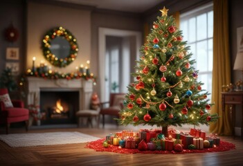 Vibrant Christmas Tree with Ornaments and Garlands in a Festive Background , colorful lights, merry atmosphere, sparkling ornaments