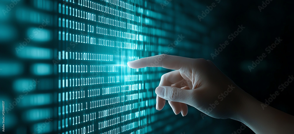 Aufkleber hand touching glowing binary code background, symbolizing technology and data interaction. image con