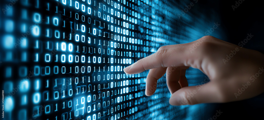 Poster hand reaching towards glowing binary code background, symbolizing technology and data interaction. i