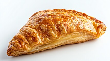 A warm apple turnover with a golden, flaky crust and a hint of cinnamon, captured in soft natural lighting against a minimalist white backdrop