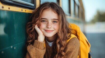 A joyful freckled girl leans against a classic green school bus, showcasing her charming smile and capturing the essence of youthful innocence and adventure.