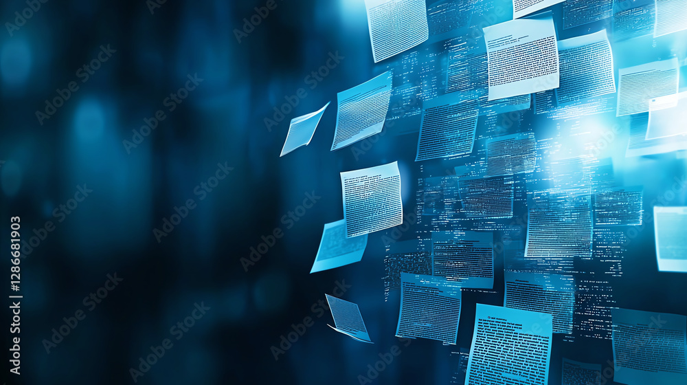 Aufkleber digital background featuring floating documents and computer code, creating futuristic atmosphere. b