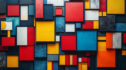 Modern poster featuring colorful squares arranged dynamically, each holding a unique illustration, icon, or texture