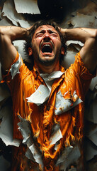 Mental Health Burnout concept: a sad crying and screaming man wearing a burning suit, hands over head, piles of documents, work life balance, social pressure, burnout syndrome